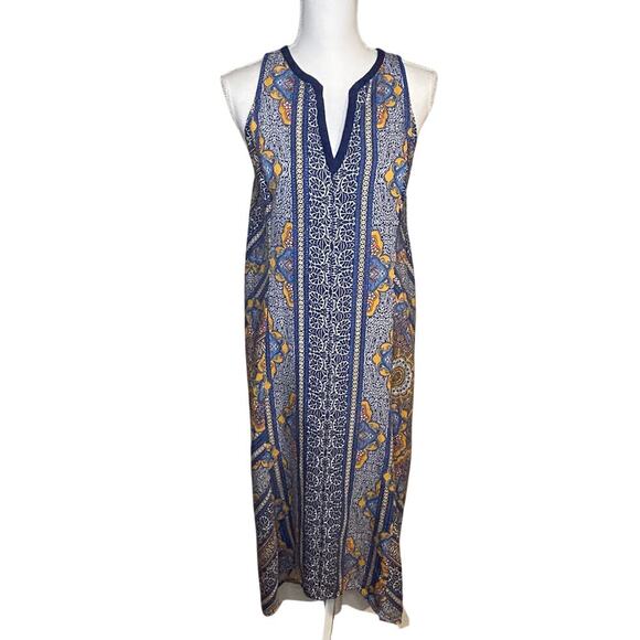 Tommy Bahama tencel and linen blue and gold paisley sleeveless dress size S - Picture 1 of 6
